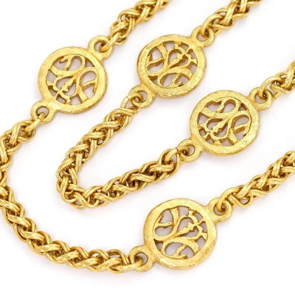 CHANEL CC Logo Flower Filigree Round Necklace 31&#034; Gold Tone 95A Auth w/Box - Picture 6 of 9